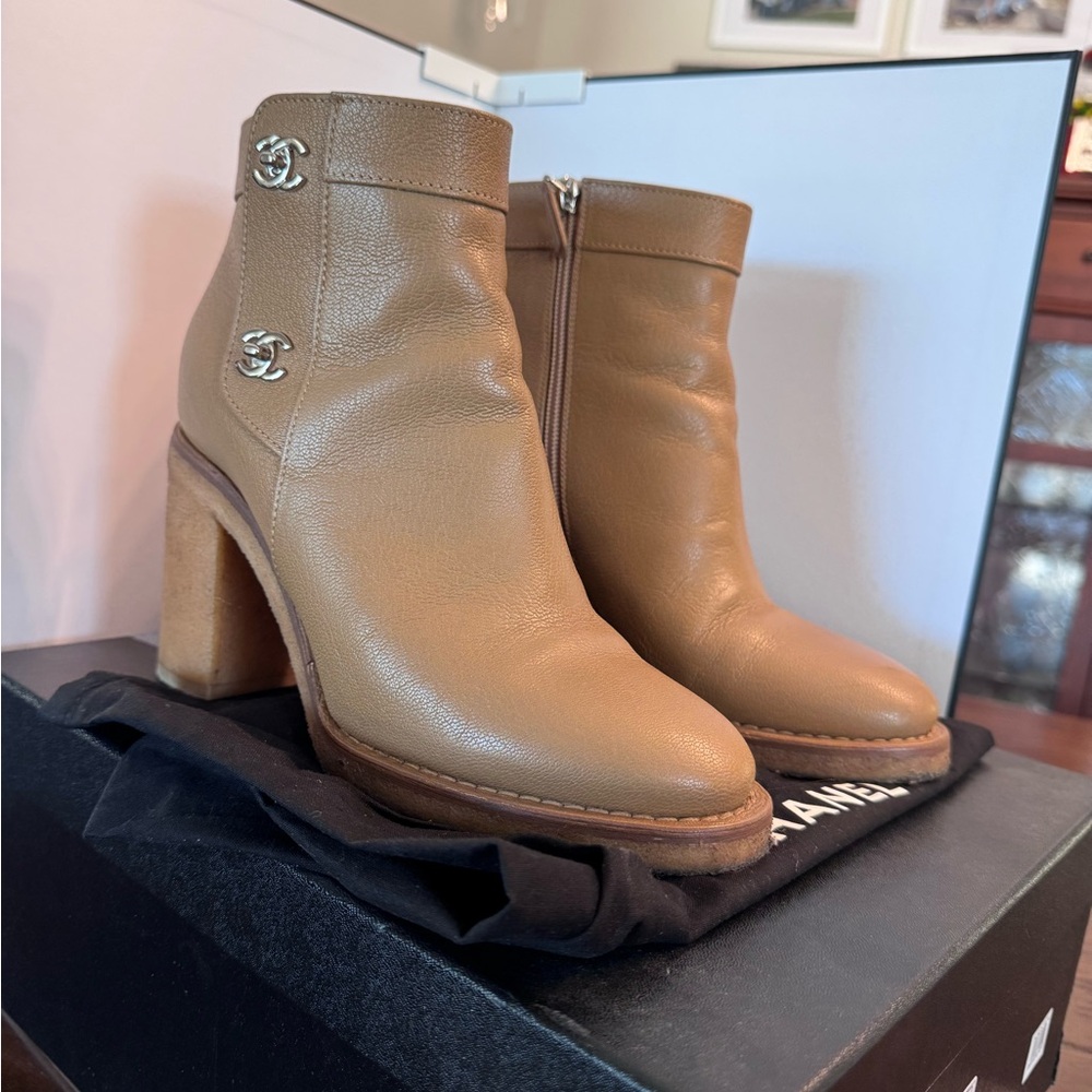 Chanel Tan Leather Ankle Boots